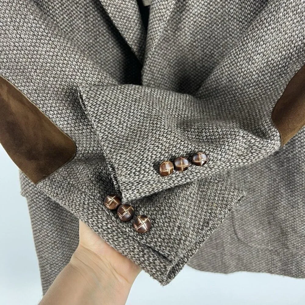 VTG Tweed Sport Coat‎ Mens 44R Brown Barleycorn Wool Blazer Elbow Patches USA